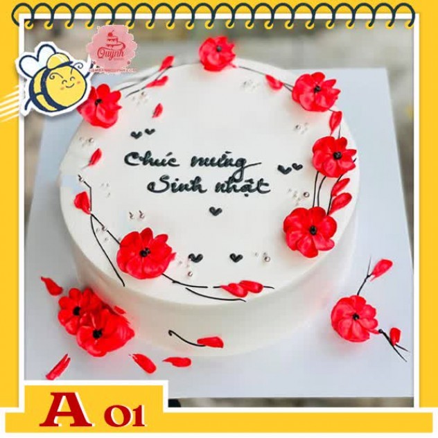 giới thiệu tổng quan Bánh kem sinh nhật đơn giản A01 nến trắng điểm xuyết nhiều đóa hoa màu đỏ đẹp tinh tế