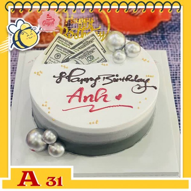 giới thiệu tổng quan Bánh kem sinh nhật đơn giản A31 thân bánh màu xám nhạt trang trí nhiều tiền đô khung sinh nhật và bi bạc sang trọng