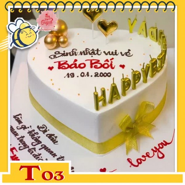 giới thiệu tổng quan Bánh kem trái tim T03 sang trọng tinh tế cắm nến happy birthday xung quanh cùng phụ kiện hiện đại màu vàng