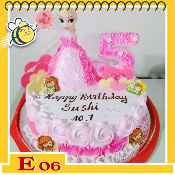 Bánh kem búp bê E06 búp bê elsa màu hồng nền hồng có số tuổi cực đẹp