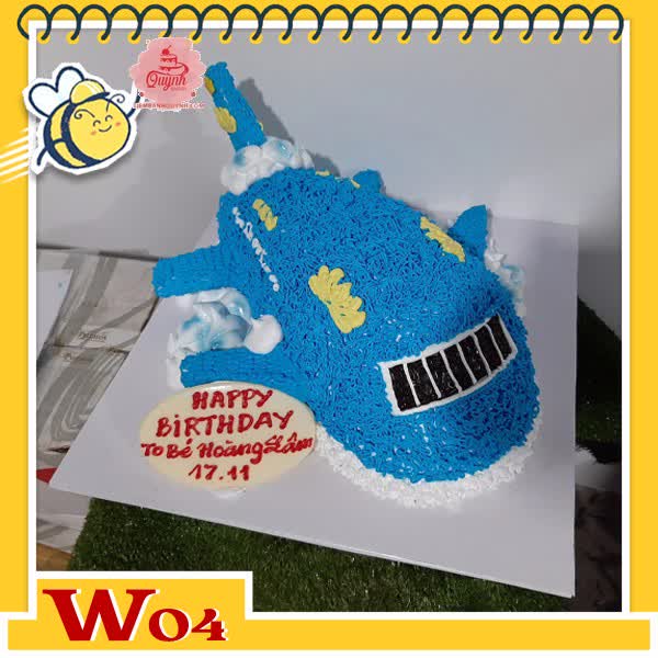 Bánh kem máy bay W04 màu xanh dương xen kẽ họa tiết trắng vàng giống hệt như thật