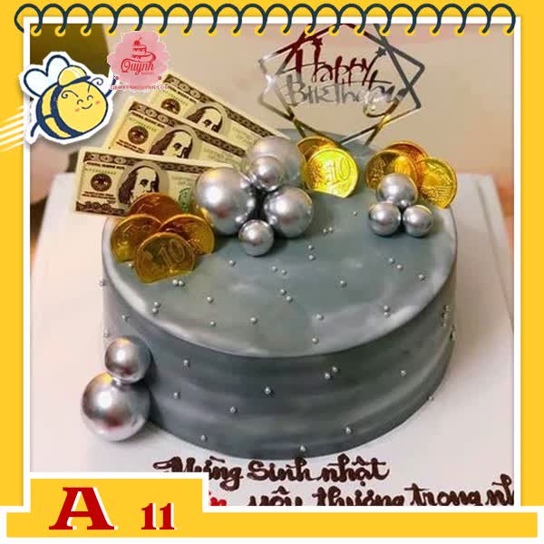 Bánh kem sinh nhật đơn giản A11 bán chạy cho nam màu xám cắm nhiều bi và tiền đô xu vàng