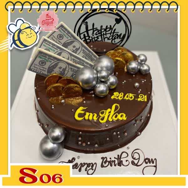 Bánh kem socola S06 trang trí phụ kiện hiện đại phong cách giàu sang quý tộc tiền vàng đô la