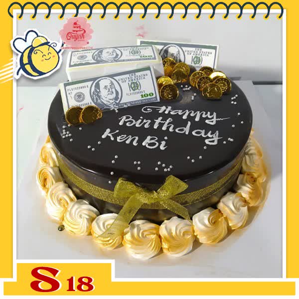 Bánh kem socola S18 phong cách tiền vàng đô la sang trọng viền kem vàng xung quanh bánh phủ socola đen