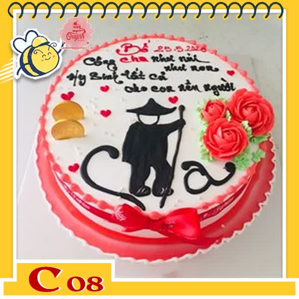 Bánh kem tặng cha C08 viền màu đỏ nền trắng với chữ cha thư pháp siêu đẹp cùng câu nói xúc động