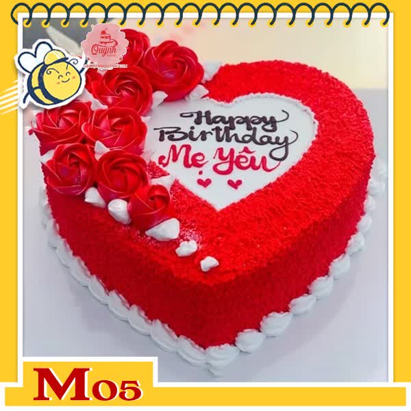 Bánh kem tặng mẹ M05 trái tim màu đỏ bắt hoa đẹp ở nửa bên xen màu trắng tinh tế