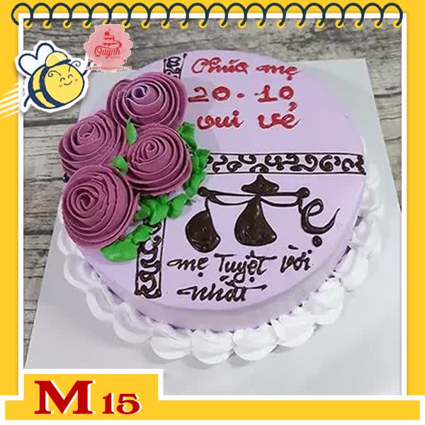 Bánh kem tặng mẹ M15 nền tím vẽ nơ và những đóa hoa màu tím xinh cùng chữ Mẹ thư pháp