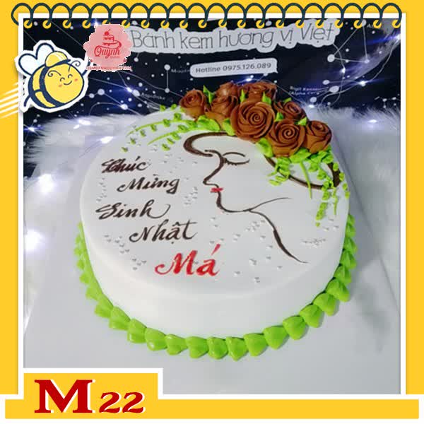 Bánh kem tặng mẹ M22 nền trắng vẽ khuôn mặt người phụ nữ đội vòng hoa màu xanh lá và nâu lạ mà đẹp