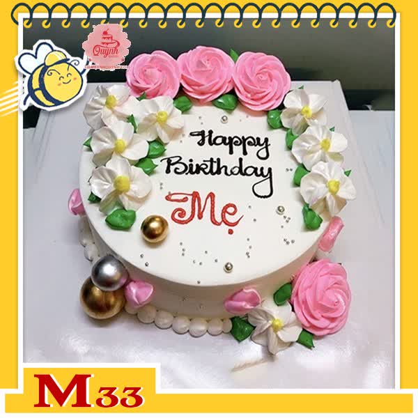 Bánh kem tặng mẹ M33 nền trắng bắt hoa ở viền màu hồng và trắng đẹp