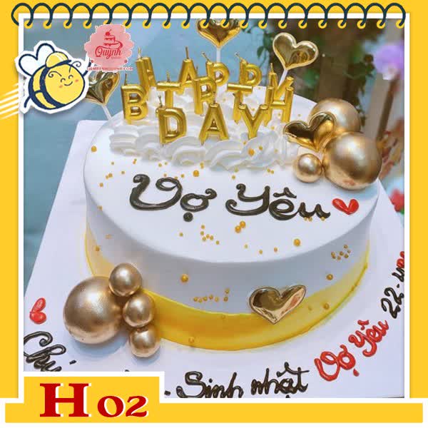 Bánh kem tặng người yêu H02 màu vàng trắng cắm phụ kiện nến và bi sang trọng