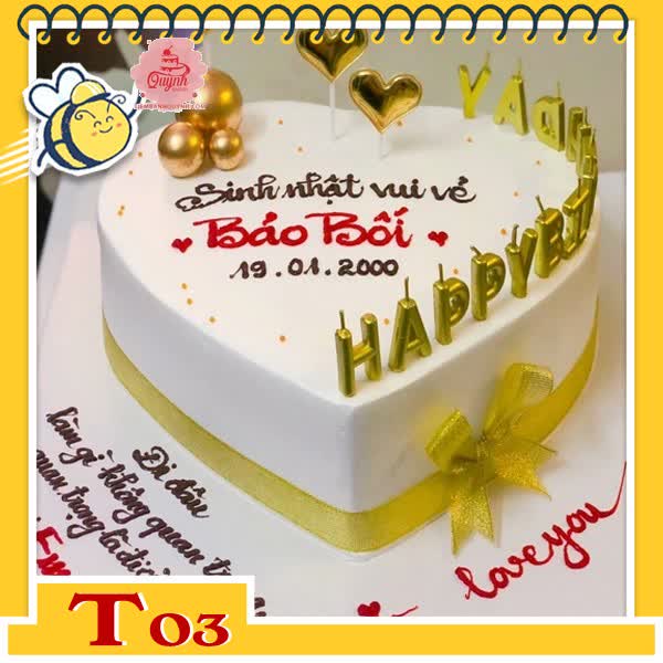 Bánh kem trái tim T03 sang trọng tinh tế cắm nến happy birthday xung quanh cùng phụ kiện hiện đại màu vàng