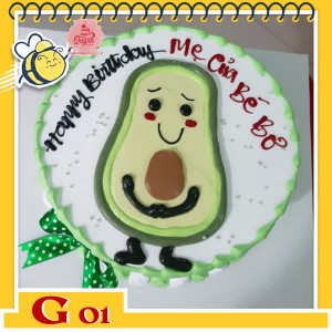 Bánh kem bé gái G01 quả bơ hình người nền trắng viền xanh bơ thắt nơ xanh Bánh kem bé gái G01 quả bơ hình người nền trắng viền xanh bơ thắt nơ xanh