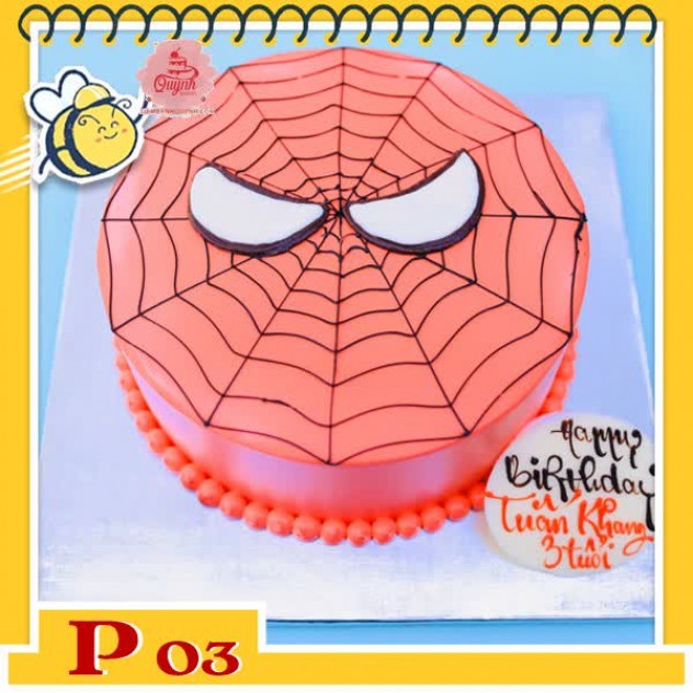 giới thiệu tổng quan Bánh kem bé trai P03 nền đỏ vẽ lưới nhện tạo hình mặt của spiderman người nhện
