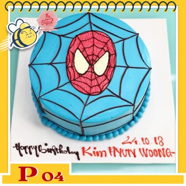 giới thiệu tổng quan Bánh kem bé trai P04 nền xanh vẽ lưới nhện và mặt spider man màu đỏ siêu độc lạ