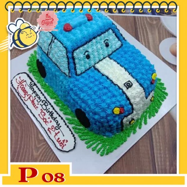 giới thiệu tổng quan Bánh kem bé trai P08 xe ô tô màu xanh dương xe cảnh sát biểu cảm vui vẻ