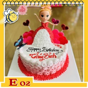 Bánh kem búp bê E02 váy đỏ trắng trên nền bánh trắng hồng ngọt ngào sang chảnh