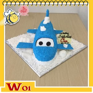 Bánh kem máy bay W01 kiểu dáng ốm nhỏ xinh màu xanh nền trắng có mắt dễ thương