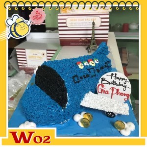 Bánh kem máy bay W02 màu xanh dương cửa sổ đen và có vẽ hành khách ngồi trên máy bay