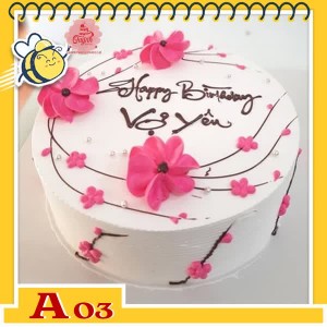 Bánh kem sinh nhật đơn giản A03 màu trắng trang trí nhiều cành hoa đào màu hồng tươi tắn