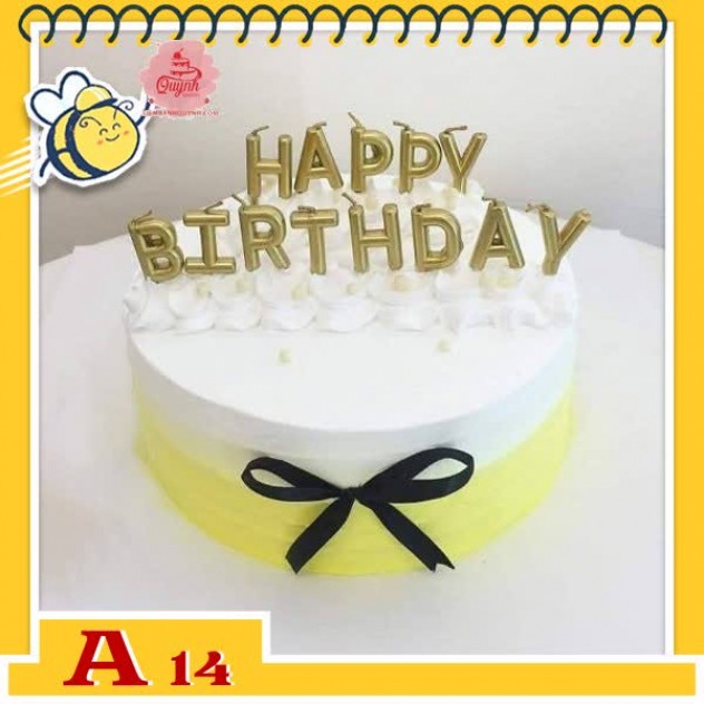 giới thiệu tổng quan Bánh kem sinh nhật đơn giản A14 màu trắng vàng thắt nơ và cắm nến happy birthday màu vàng