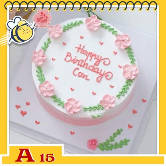 giới thiệu tổng quan Bánh kem sinh nhật đơn giản A15 màu trắng viền vòng hoa màu hồng xanh nữ tính ngọt ngào