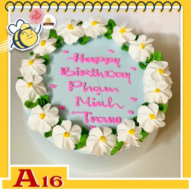 giới thiệu tổng quan Bánh kem sinh nhật đơn giản A16 màu xanh nhạt ở viền bắt vòng hoa màu trắng nhẹ nhàng
