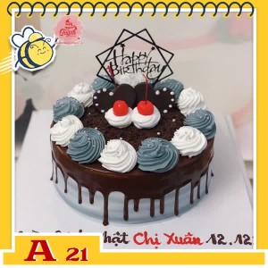 Bánh kem sinh nhật đơn giản A21 màu xanh xám phủ socola chảy ở trên cùng các viên kem lớn 2 màu xinh xuất sắc