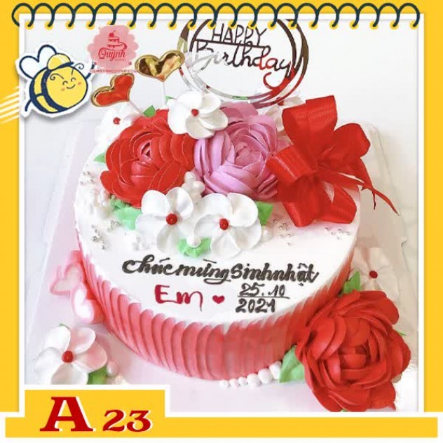 giới thiệu tổng quan Bánh kem sinh nhật đơn giản A23 vườn hoa xinh đẹp màu đỏ hồng trắng kết hợp hài hòa