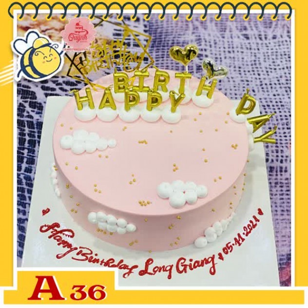 giới thiệu tổng quan Bánh kem sinh nhật đơn giản A36 nền màu hồng tạo hình đám mây và nhiều phụ kiện bộ nến khung sinh nhật