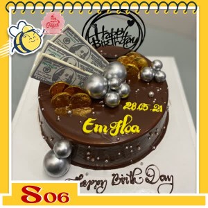 Bánh kem socola S06 trang trí phụ kiện hiện đại phong cách giàu sang quý tộc tiền vàng đô la