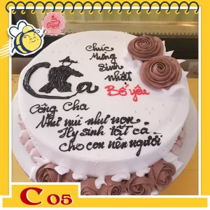 Bánh kem tặng cha C05 nền trắng viết chữ thư pháp tặng Cha viền xung quanh là những bông hoa màu nâu đẹp