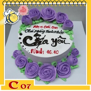 Bánh kem tặng cha C07 chữ thư pháp Cha yêu nền trắng viền xung quanh là hoa màu tím nở rộ tươi thắm