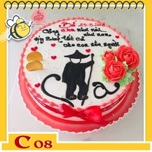 Bánh kem tặng cha C08 viền màu đỏ nền trắng với chữ cha thư pháp siêu đẹp cùng câu nói xúc động