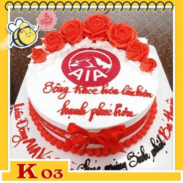 giới thiệu tổng quan Bánh kem tặng khách hàng K03 vẽ logo công ty cùng với những đóa hoa nơ màu đỏ rực rỡ vui vẻ