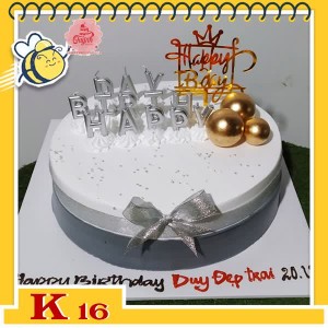 Bánh kem tặng khách hàng K16 đơn giản màu trắng xám cắm phụ kiện hiện đại sang trọng