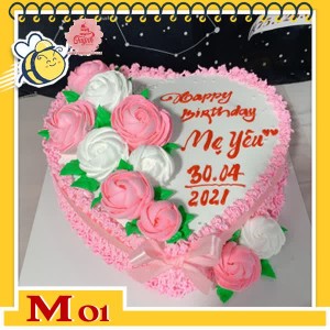 Bánh kem tặng mẹ M01 trái tim màu hồng xinh với hoa nửa bên màu hồng và trắng tình cảm Bánh kem tặng mẹ M01 trái tim màu hồng xinh với hoa nửa bên màu hồng và trắng tình cảm