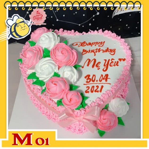 giới thiệu tổng quan Bánh kem tặng mẹ M01 trái tim màu hồng xinh với hoa nửa bên màu hồng và trắng tình cảm