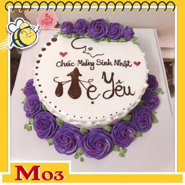 giới thiệu tổng quan Bánh kem tặng mẹ M03 được yêu thích với hình vẽ dễ thương và nhiều đóa hoa tím cả trên và dưới bánh
