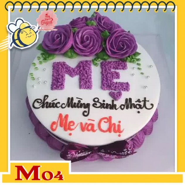 giới thiệu tổng quan Bánh kem tặng mẹ M04 nền trắng viền tím hoa tím nơ tím và chữ Mẹ in hoa ý nghĩa