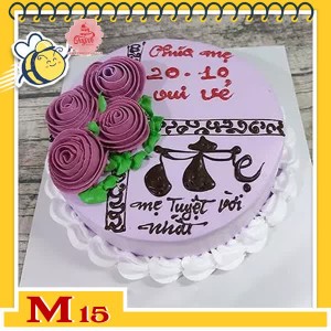 Bánh kem tặng mẹ M15 nền tím vẽ nơ và những đóa hoa màu tím xinh cùng chữ Mẹ thư pháp