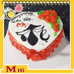 Bánh kem tặng mẹ M16 trái tim trắng vẽ chữ thư pháp Mẹ ý nghĩa và những đóa hoa đỏ tươi thắm