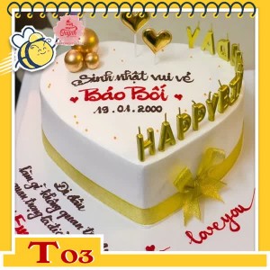 Bánh kem trái tim T03 sang trọng tinh tế cắm nến happy birthday xung quanh cùng phụ kiện hiện đại màu vàng Bánh kem trái tim T03 sang trọng tinh tế cắm nến happy birthday xung quanh cùng phụ kiện hiện đại màu vàng