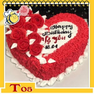 Bánh kem trái tim T05 đỏ rực tình yêu nồng cháy bắt hoa nửa bên ngọt ngào