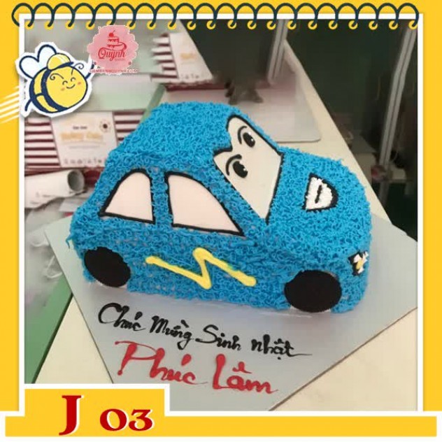 giới thiệu tổng quan Bánh kem xe ô tô J03 ô tô bé trai màu xanh dương mặt cười vui vẻ