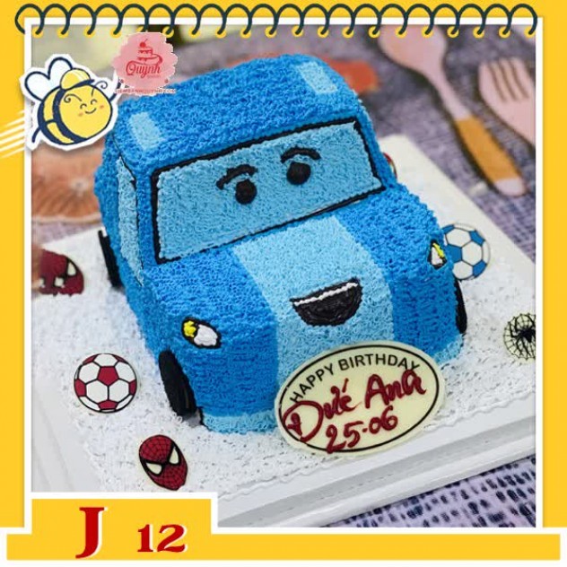 giới thiệu tổng quan Bánh kem xe ô tô J12 xe ô tô màu xanh dương mặt cười cho bé trai